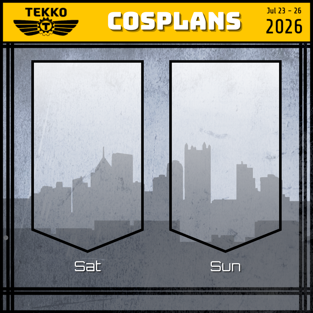 Poster for TEKKO COSPLANS event from July 23-26, 2026, featuring cityscape silhouettes viewed through large windows labeled Saturday and Sunday.
