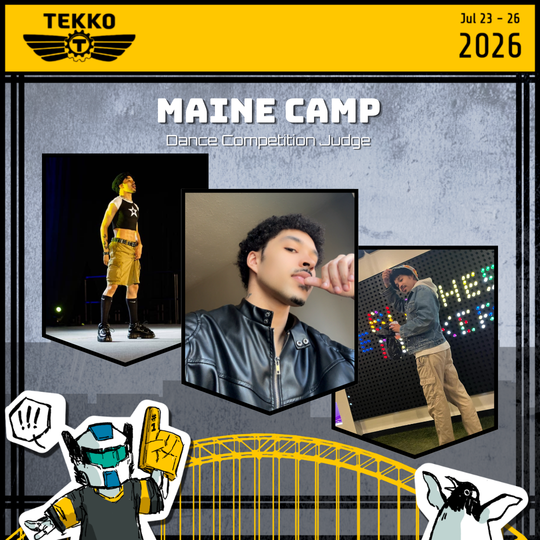 Event poster for Tekko 2026, held July 23-26, featuring Maine Camp dance competition judge with pictures of three young men, a roller coaster graphic, a robot character, and a dog illustration.