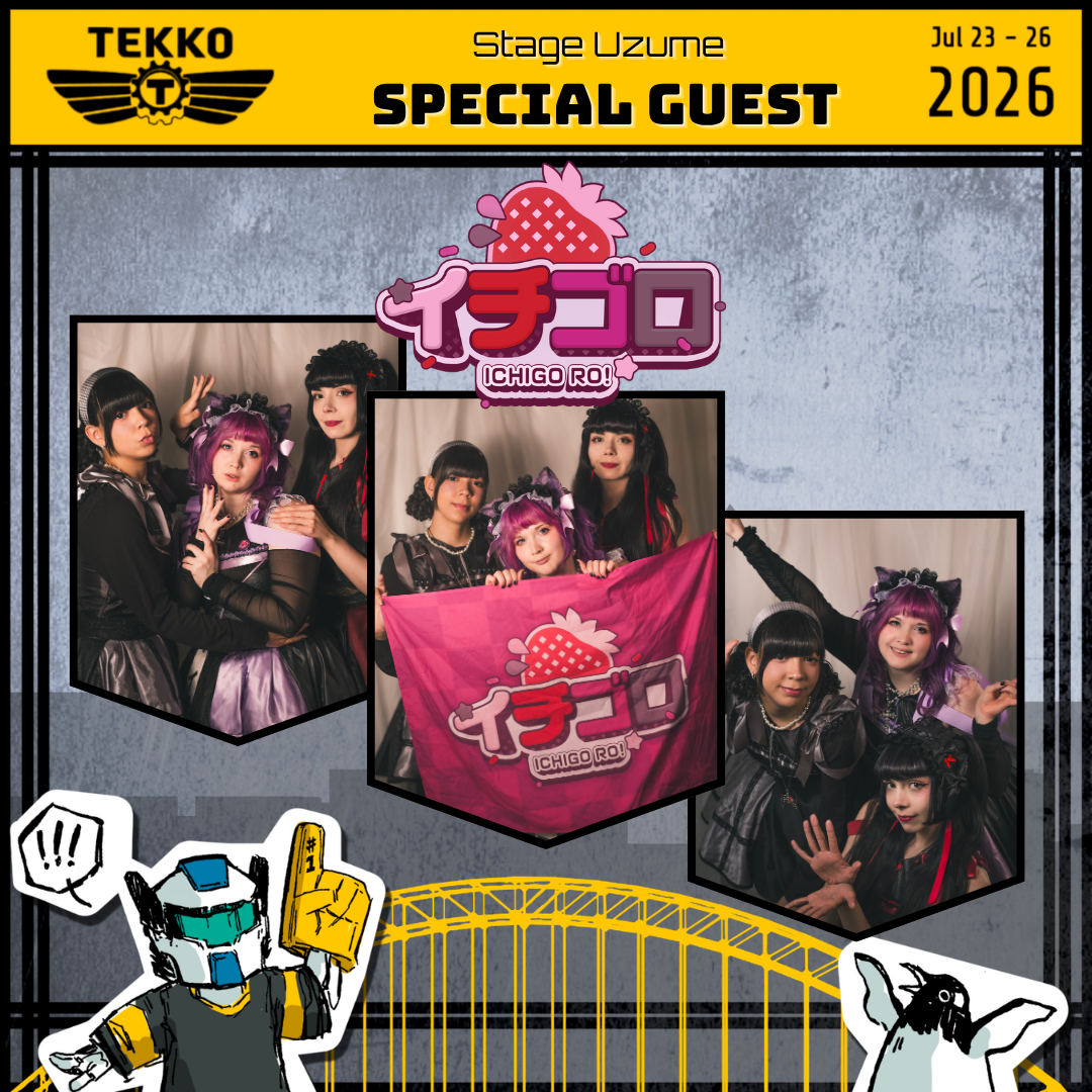 Promotional poster for Tekko 2026 featuring the Japanese idol group Ichigo Ro. Includes three photos of the group in black and purple outfits, holding a pink flag with their logo, and posing in various ways. The poster has a yellow header with event details, a graphic of a roller coaster, and cartoon illustrations of a robot and a dog.