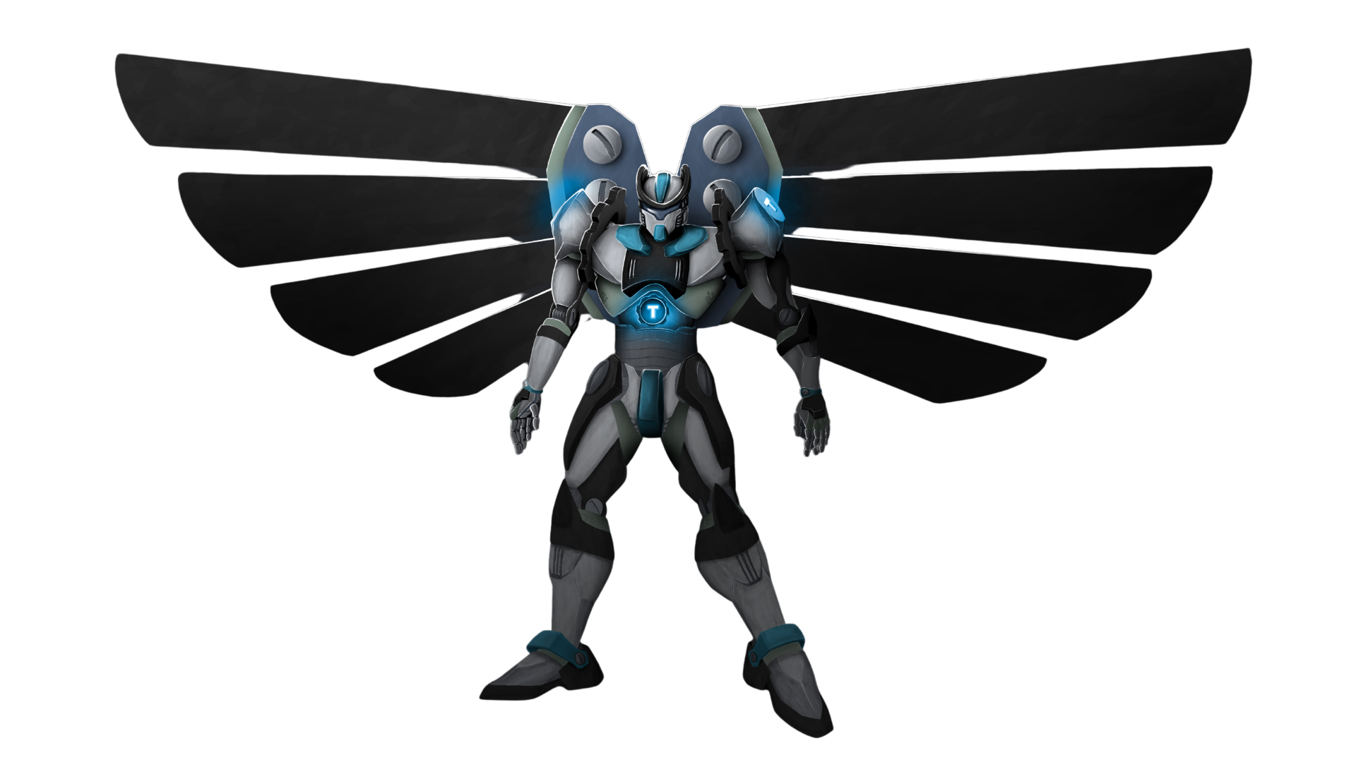 A futuristic robotic character with blue and gray armor, large black insect wings, and glowing accents, standing against a black background.