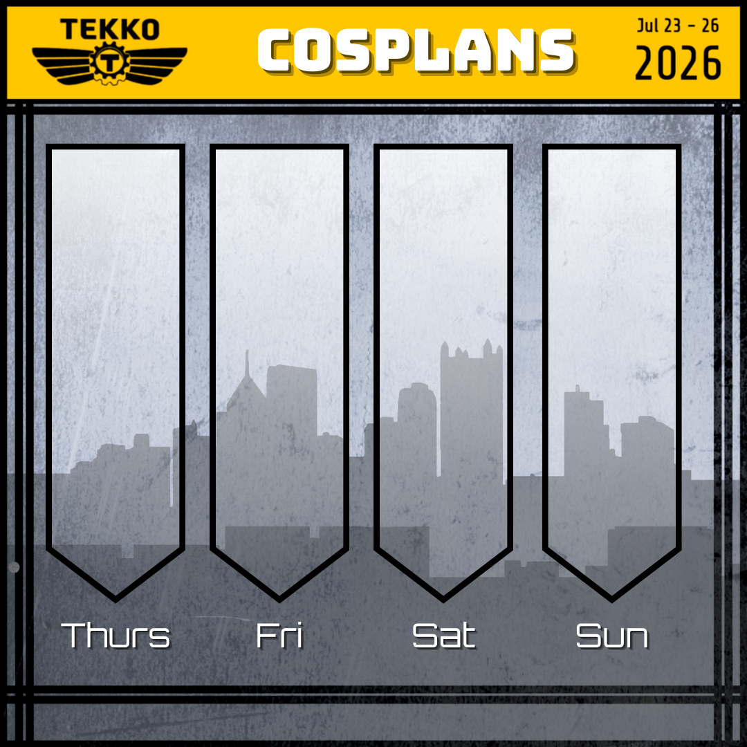 A blank event schedule board with the heading 'COSPLANS' for a cosplay convention called Tekko, taking place from July 23 to 26, 2026, showing days Thursday through Sunday with a city skyline background.