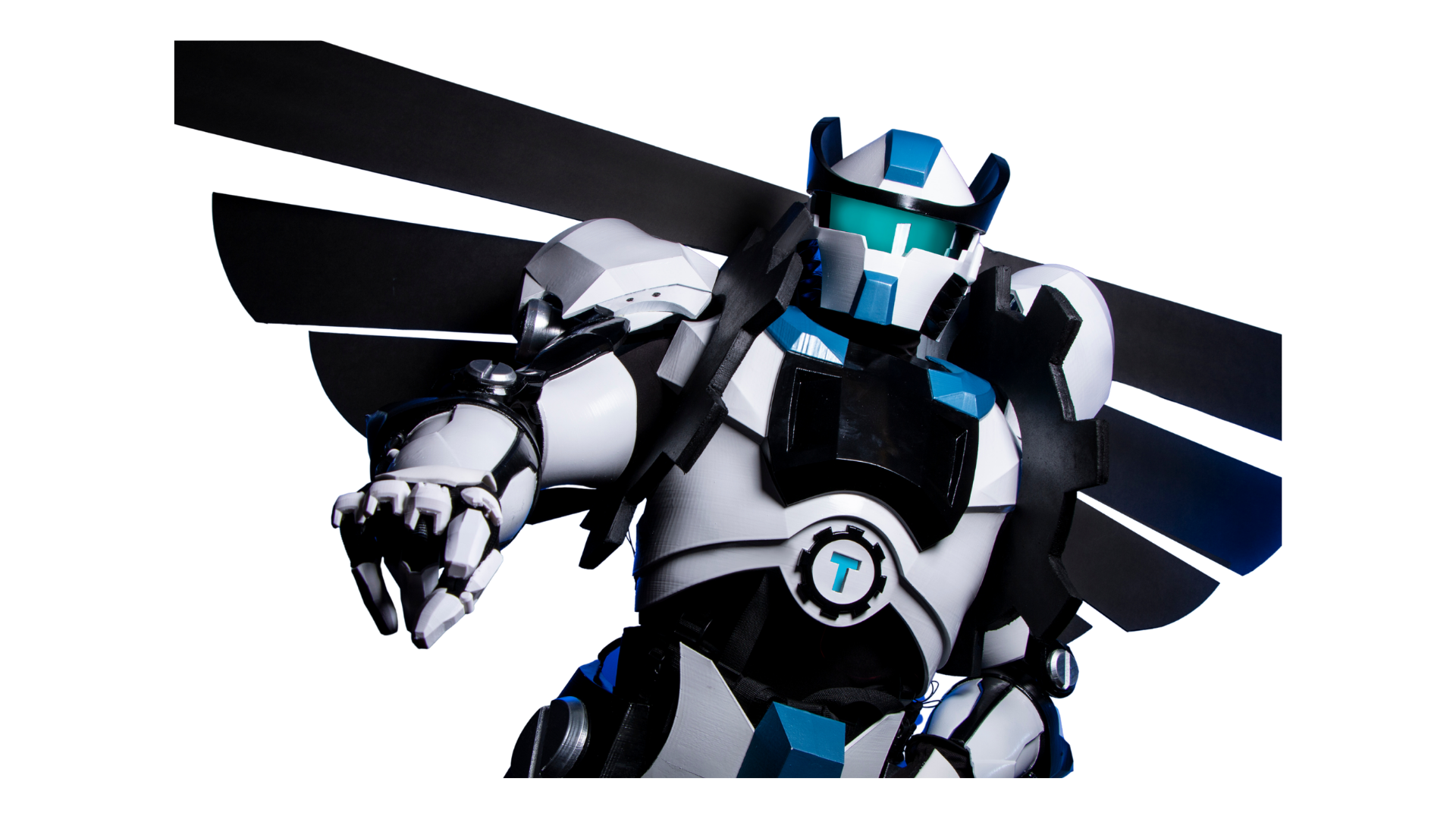 Futuristic robot in white, black, and blue armor, wearing a helmet with a visor, carrying a large black weapon on its shoulder, and posing against a dark background.