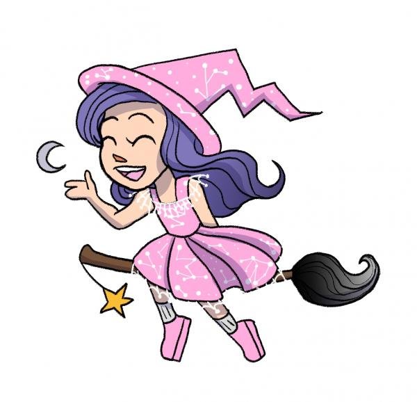 Cartoon witch flying on a broomstick wearing a pink hat and dress with star and moon decorations.