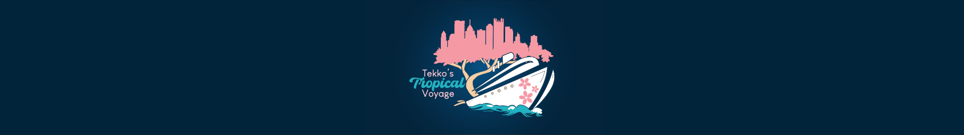 Logo for Tekko's Tropical Voyage featuring a cruise ship, a pink tree, and a city skyline in the background.
