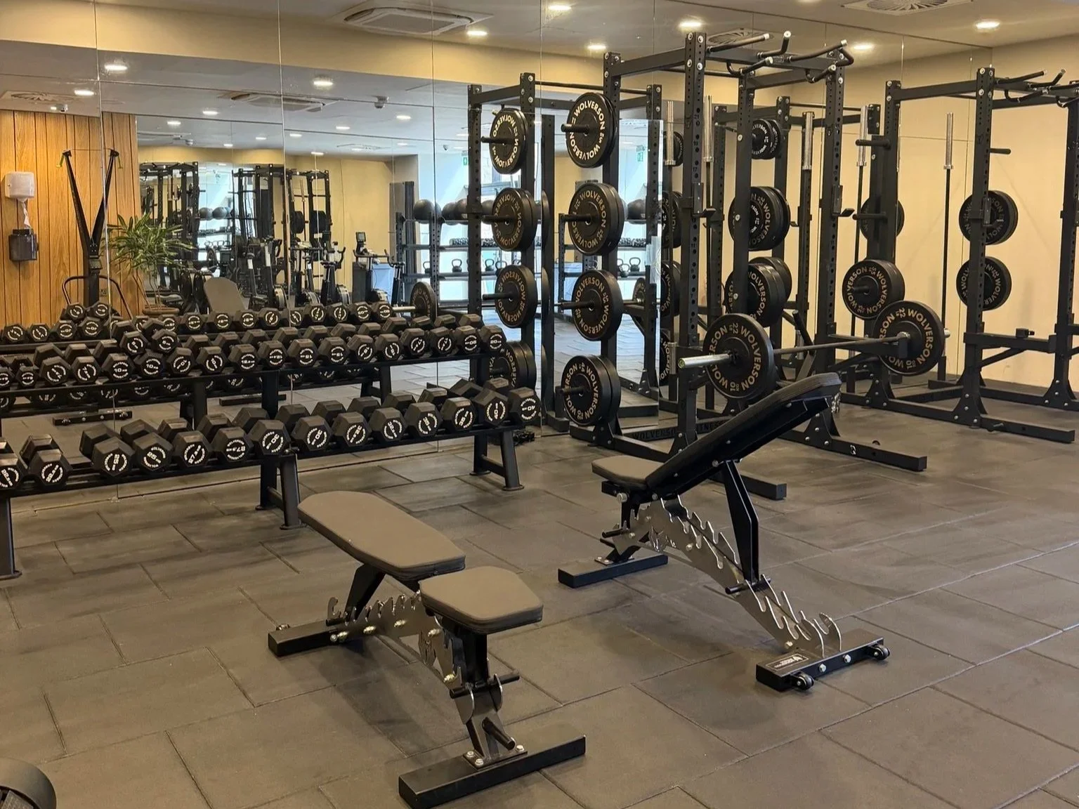 Small gym with weights rack and smith machine.