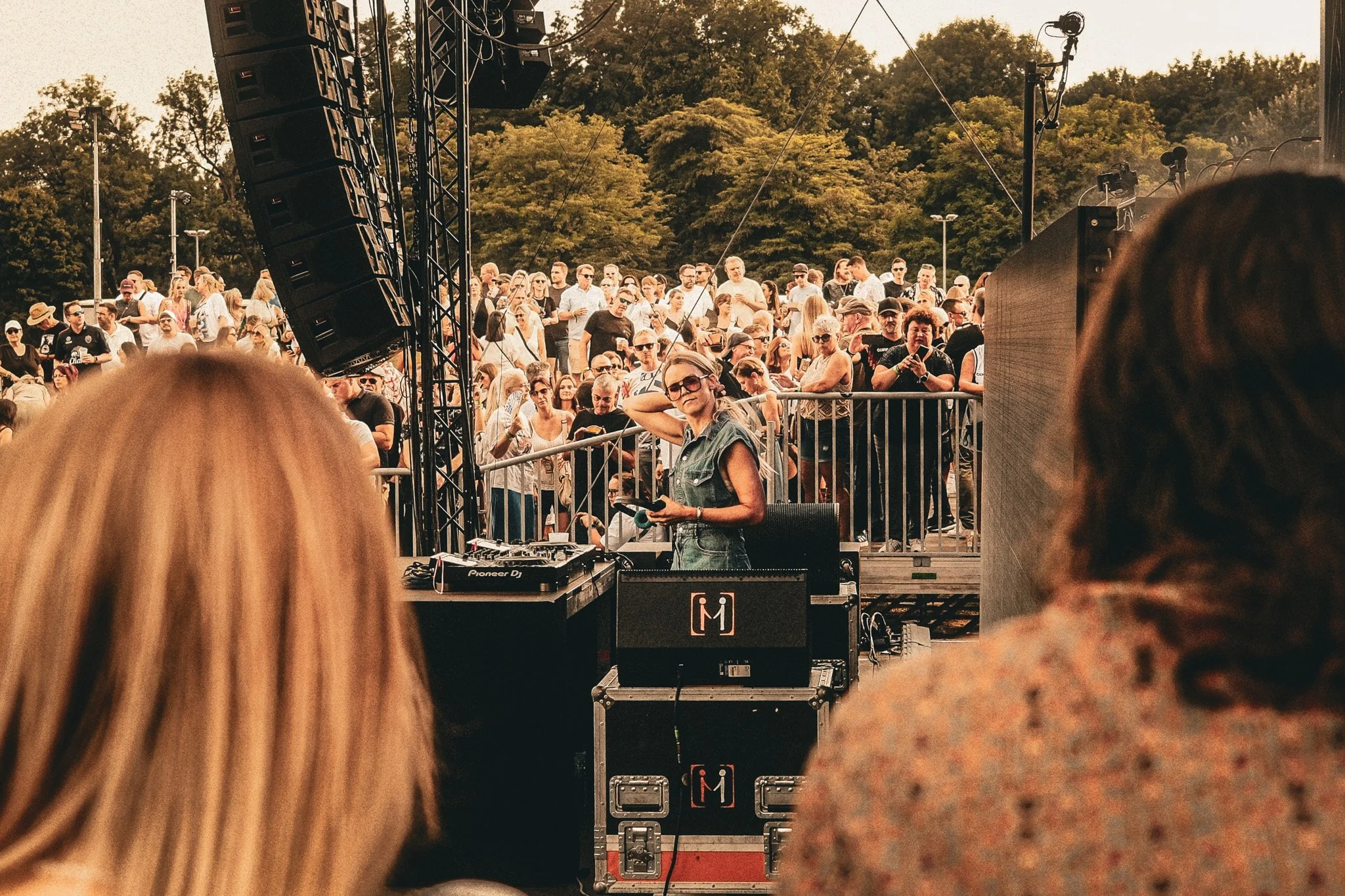 Menschenmenge bei einem Open-Air-Konzert im Park, im Vordergrund DJ, im Hintergrund Bäume und Landschaft, spätes Sonnenlicht, viele Leute mit Sonnenbrillen und sommerlicher Kleidung.