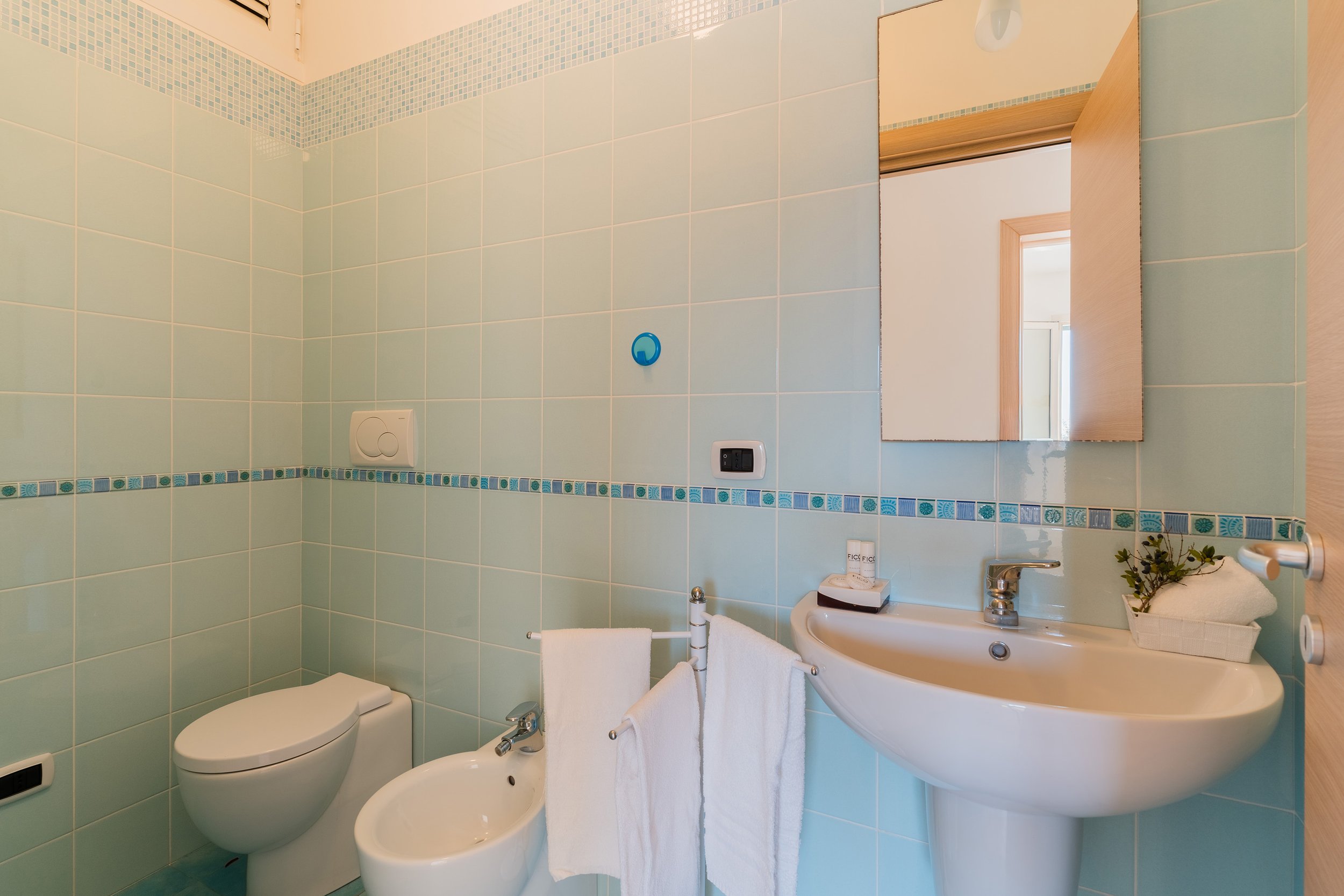 Bathroom with light blue tiles, a mirror, sink, toilet, bidet, and small plant on the counter.