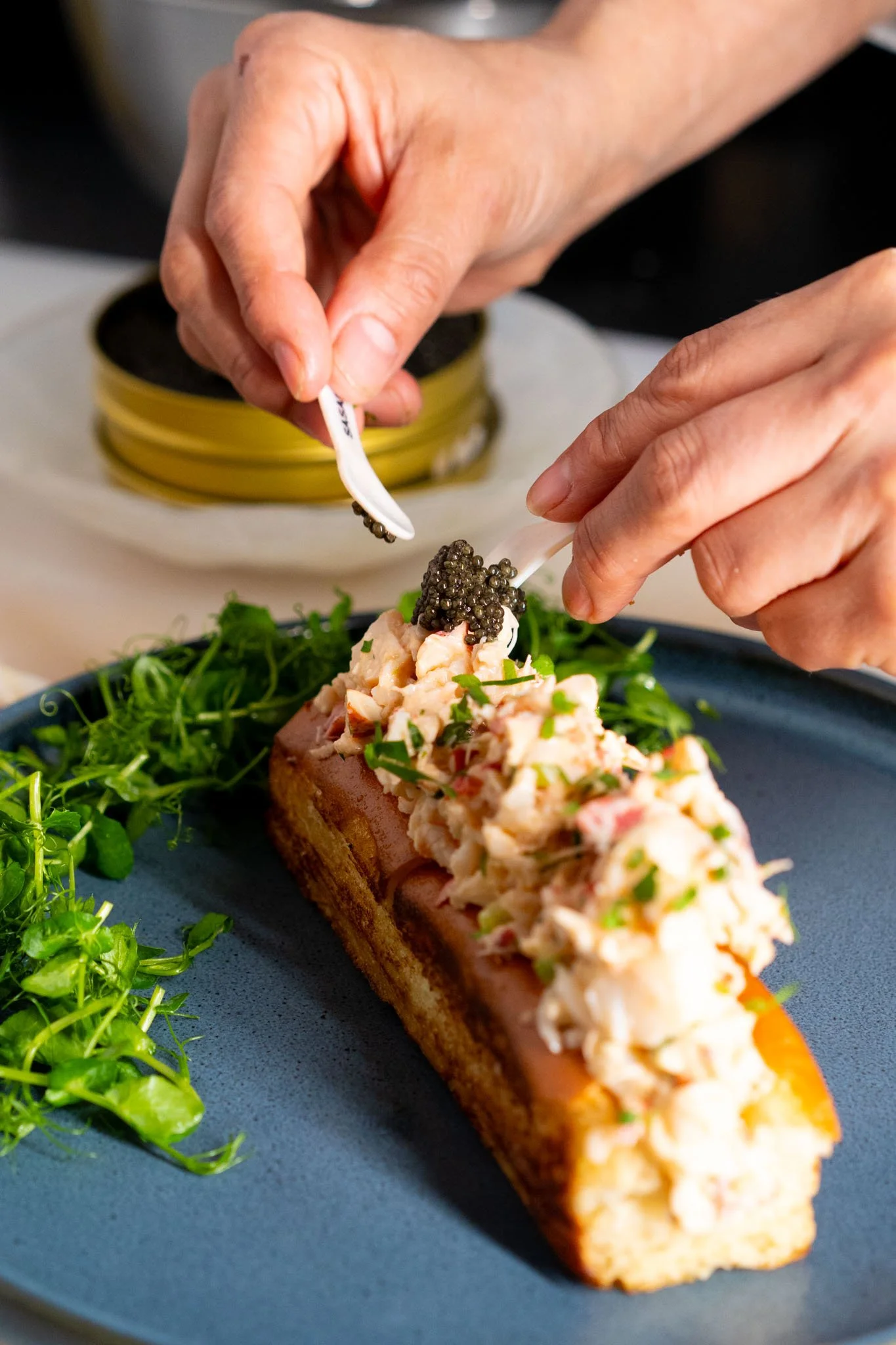 Hands garnish a seafood dish with black caviar, on a blue plate with greens.