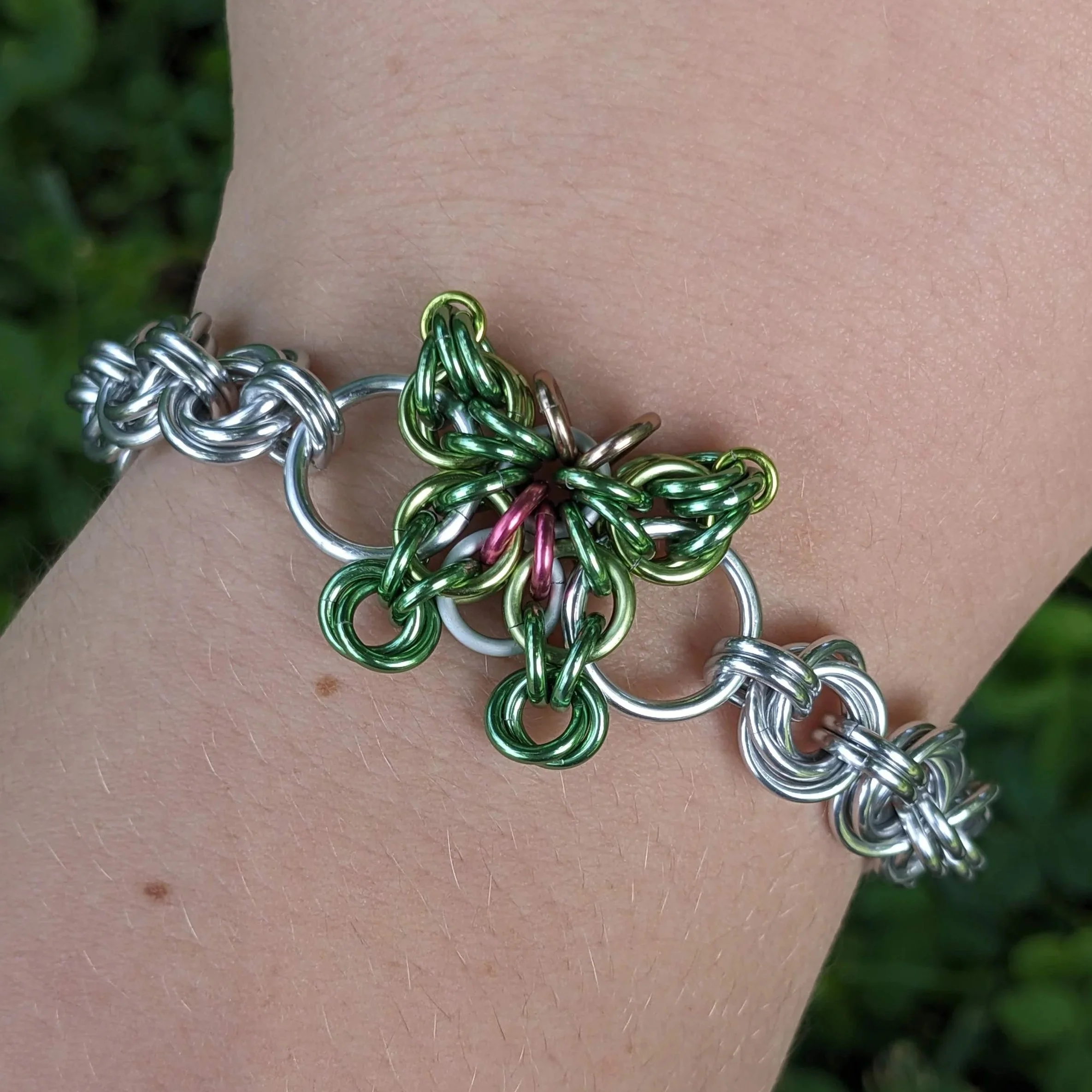 Luna moth chainmaille bracelet on wrist