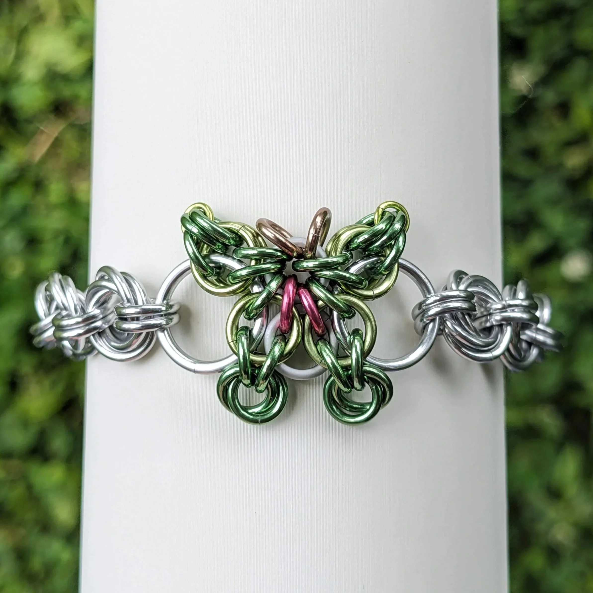 Ludo moth chainmaille bracelet on display