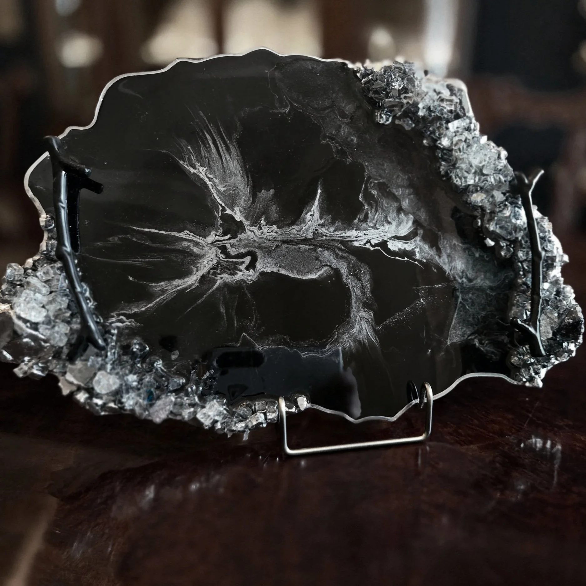 Black & Silver Geode Resin Tray with Crushed Glass