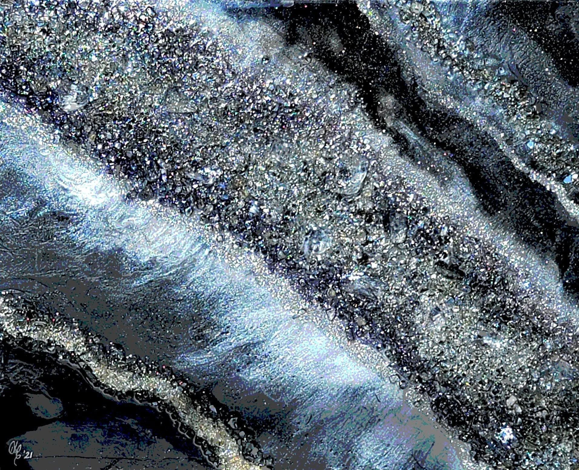 Close-up of a glittery, sparkly surface with various shades of black, silver, and blue, creating a textured and shimmering appearance.