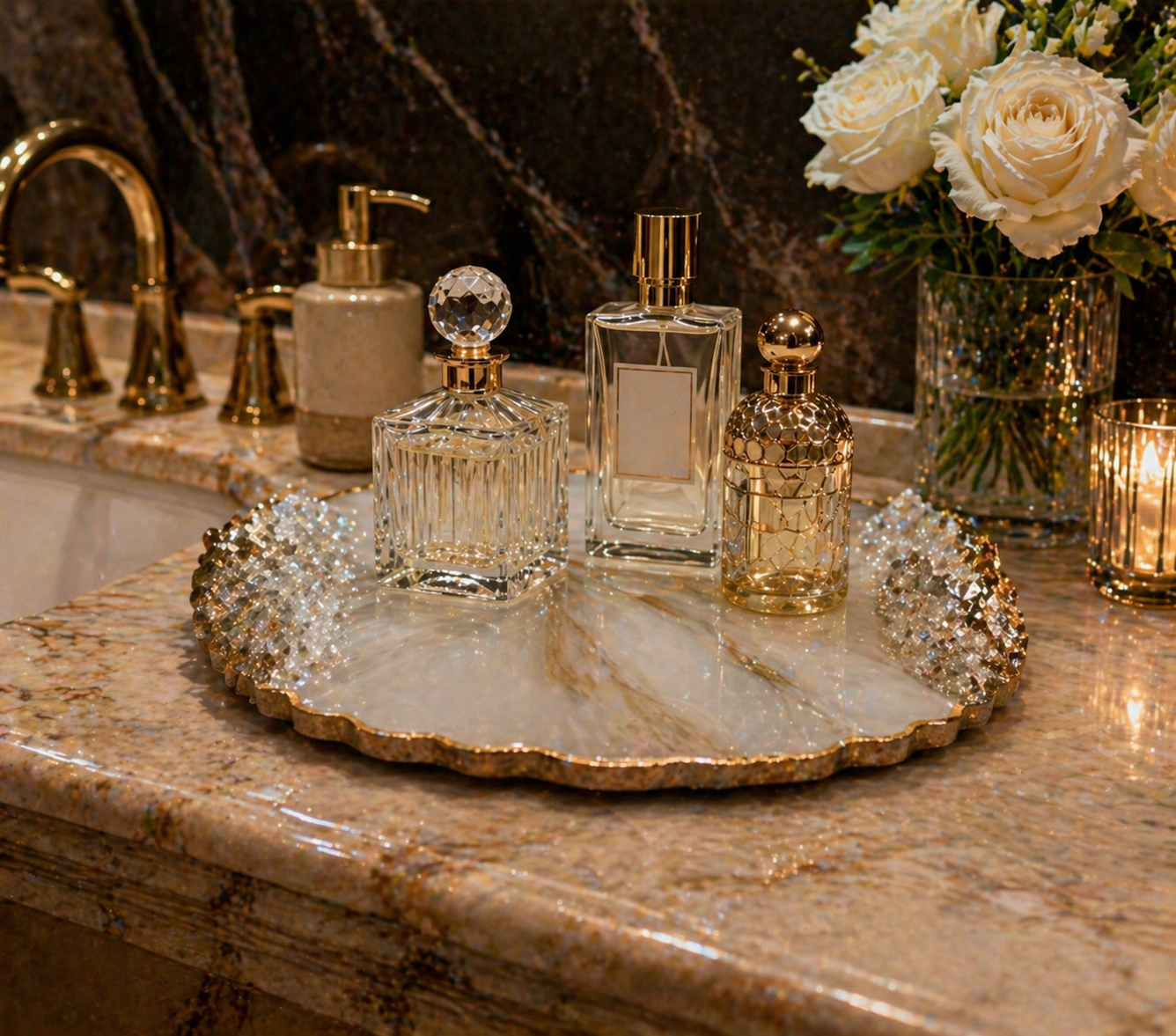 A marble tray holding three perfume bottles with gold accents, surrounded by decorative crystals, on a granite bathroom countertop with a flower bouquet and candle holders in the background.