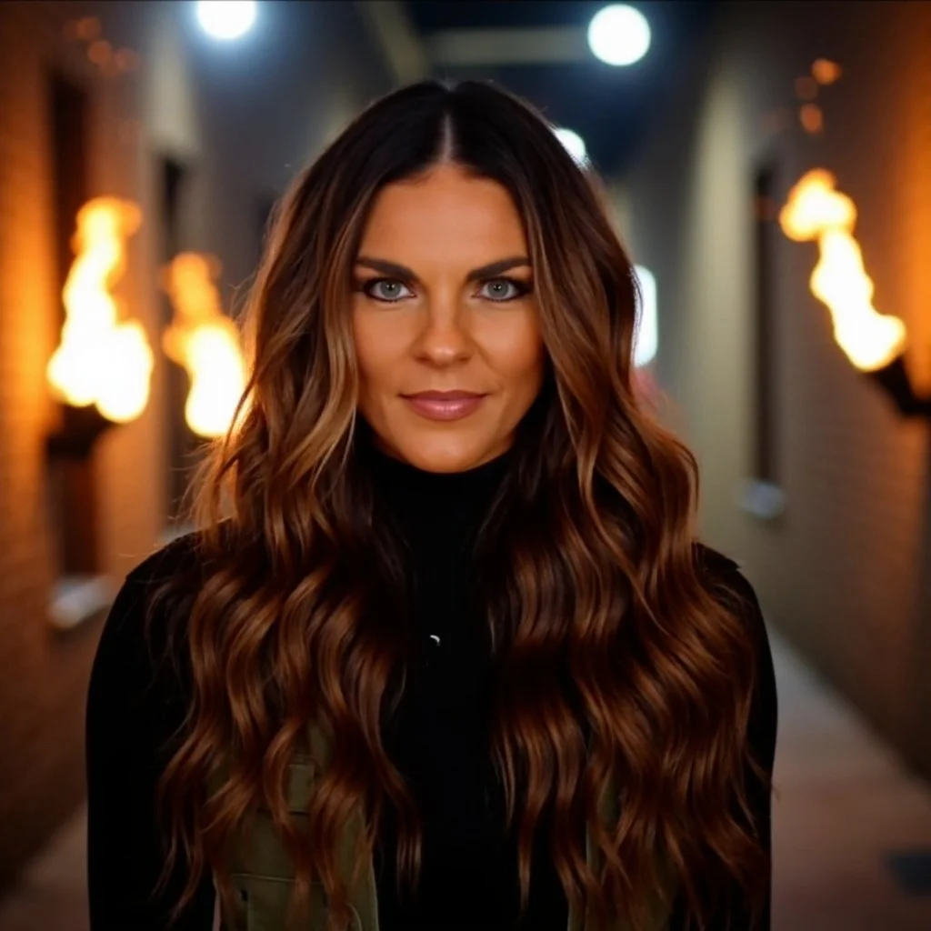 A woman with long, wavy brown hair and blue eyes in a dark hallway with flaming torches on the walls.