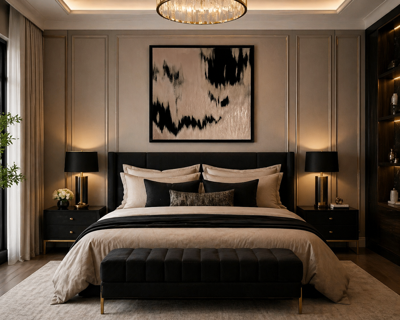 Elegant bedroom with a black upholstered bed, beige bedding, black and beige pillows, black nightstands with matching black lamps, a large modern abstract painting above the bed, beige curtains, and built-in shelves with decorative items.