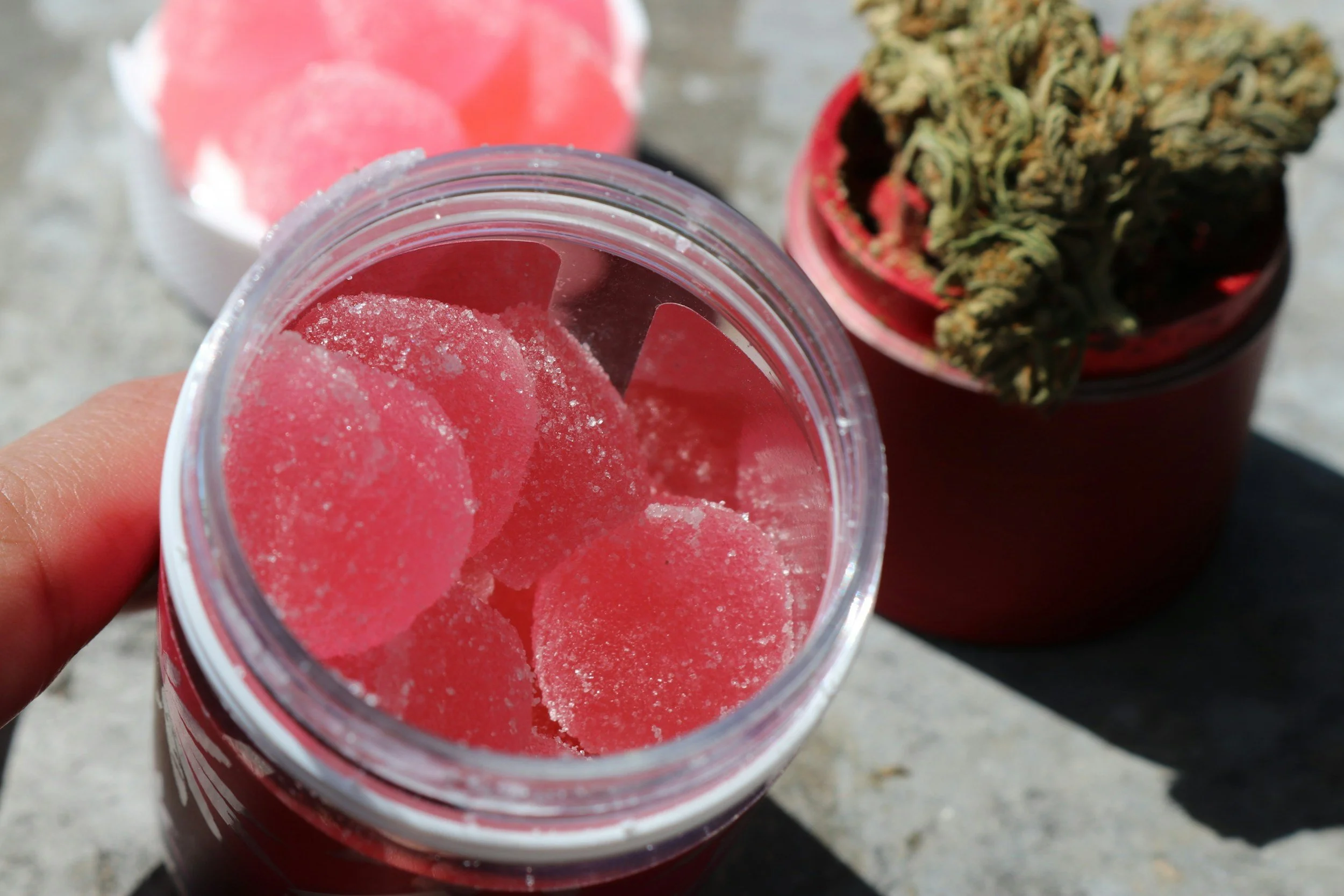 A person holding a jar filled with pink, round, sugar-coated candies, with a container of cannabis buds in the background on a gray surface.
