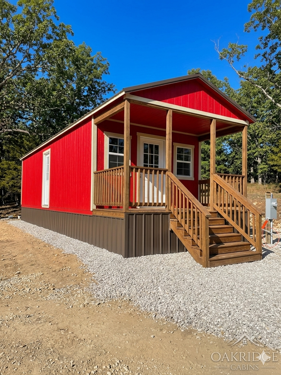 Red tiny house with a porch, stairs, and trees in the background.