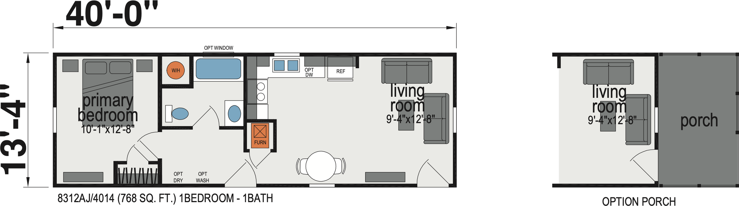 Floor plan of a single-story, 8312AJ model home with a primary bedroom, bathroom, living room, kitchen, and optional porch, measuring 40 feet by 13 feet 4 inches.