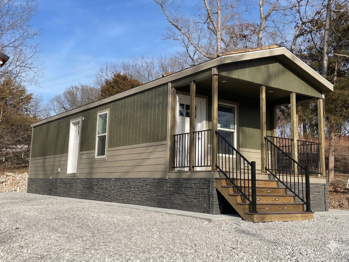 A modern tiny house with green and beige siding, a small porch with stairs and black metal railings, surrounded by trees.