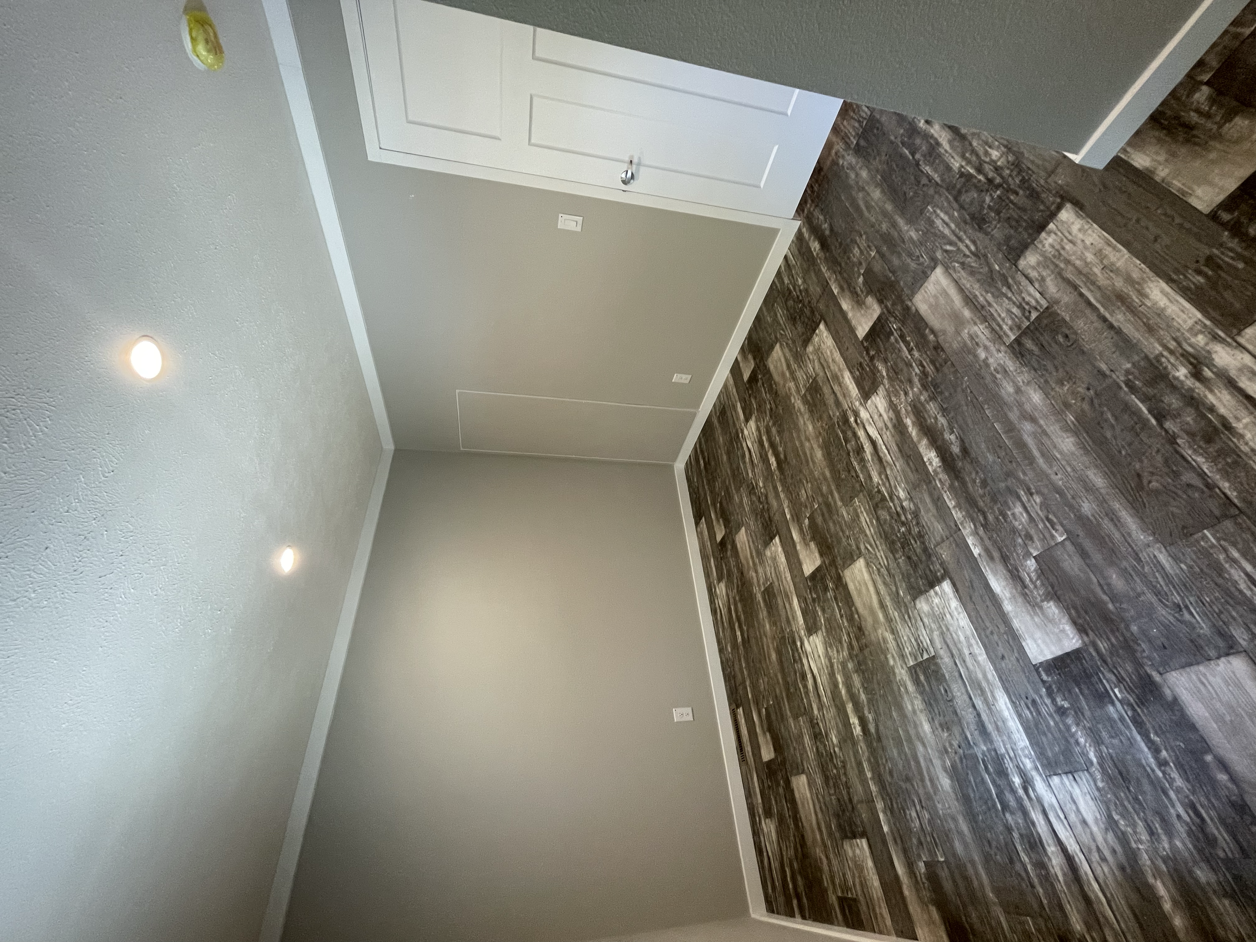 Interior of a room with gray walls and dark wood patterned flooring, featuring a white door and ceiling lights.