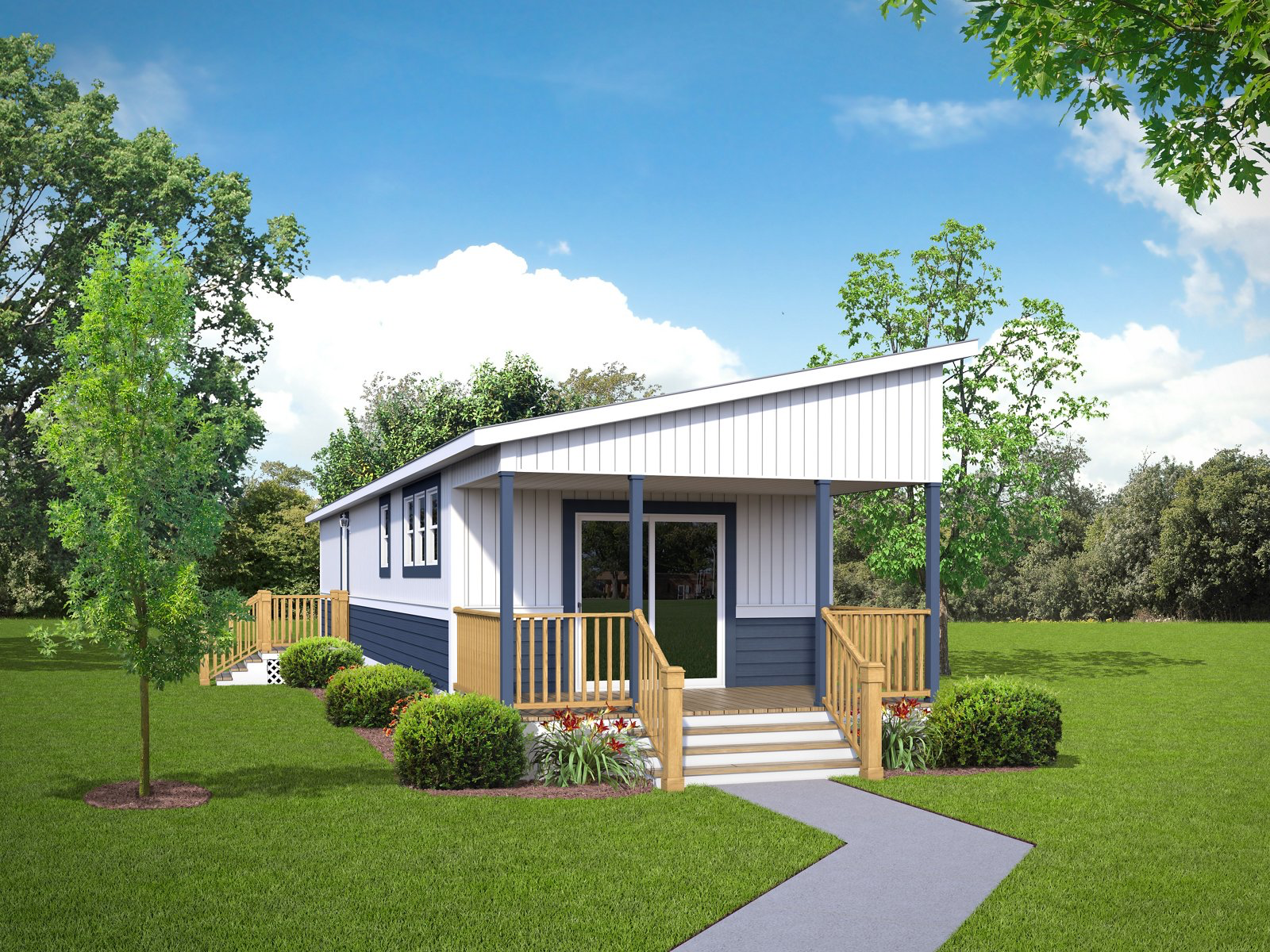 A modern, small blue and white house with a sloped roof, front porch, and steps leading to a sidewalk, surrounded by green grass, trees, and shrubs.