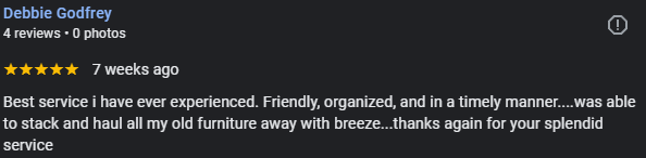 Screenshot of a positive online review for Debbie Godfrey praising her for friendly, organized, and timely furniture moving service.