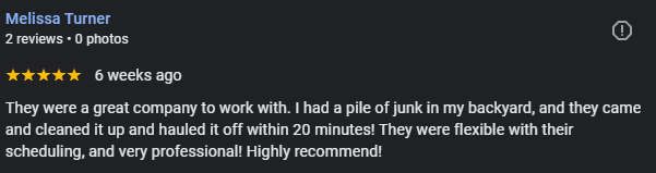 Screenshot of a Yelp review by Melissa Turner praising a junk removal company for quick, professional, and flexible service.