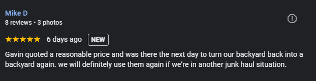Screenshot of a 5-star review for Mike D, mentioning Gavin, who found a reasonable price for backyard furniture, leading to restarting their backyard project.