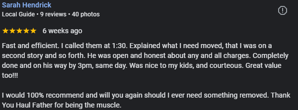 Screenshot of a Google review by Sarah Hendrick praising a moving service, highlighting efficiency, honesty, punctuality, and courteousness.