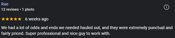 Screenshot of a positive review for a hauling service, mentioning professionalism, punctuality, and good pricing.