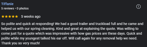 Customer review for a vehicle service, praising quick response, helpful staff, and good pricing.