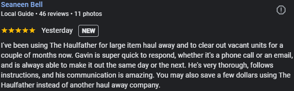 Screenshot of a product review for Seaneen Bell, a local guide, praising The Haulfather for reliable large item hauls and quick communication.