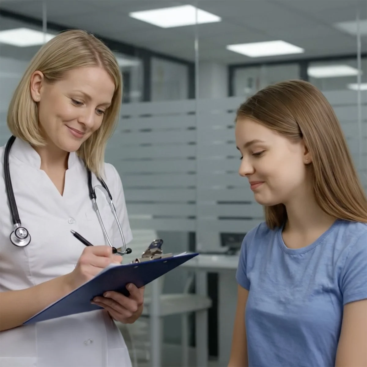 A female doctor smiling and writing on a clipboard while talking to a young female patient in a medical office.