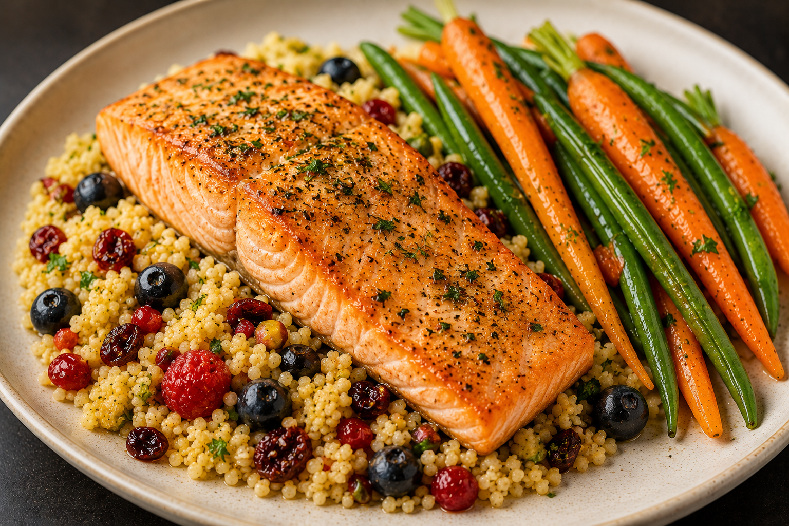 Saumon aux herbes - couscous aux petits fruits et légumes