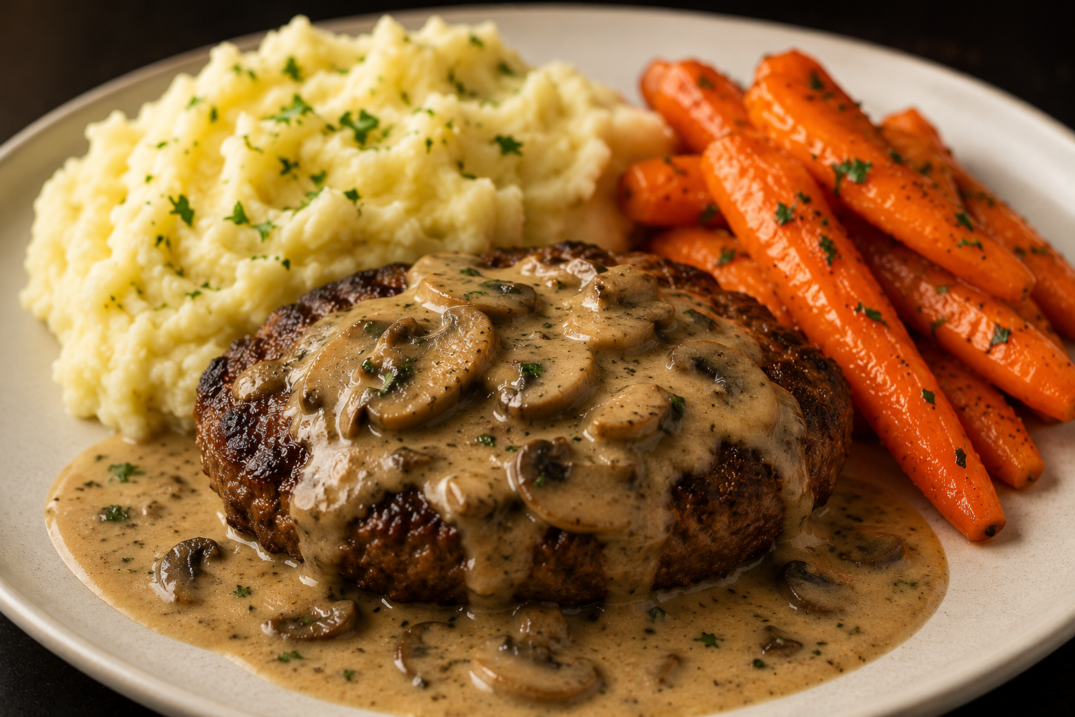 Steak haché sauce forestière - purées et carottes