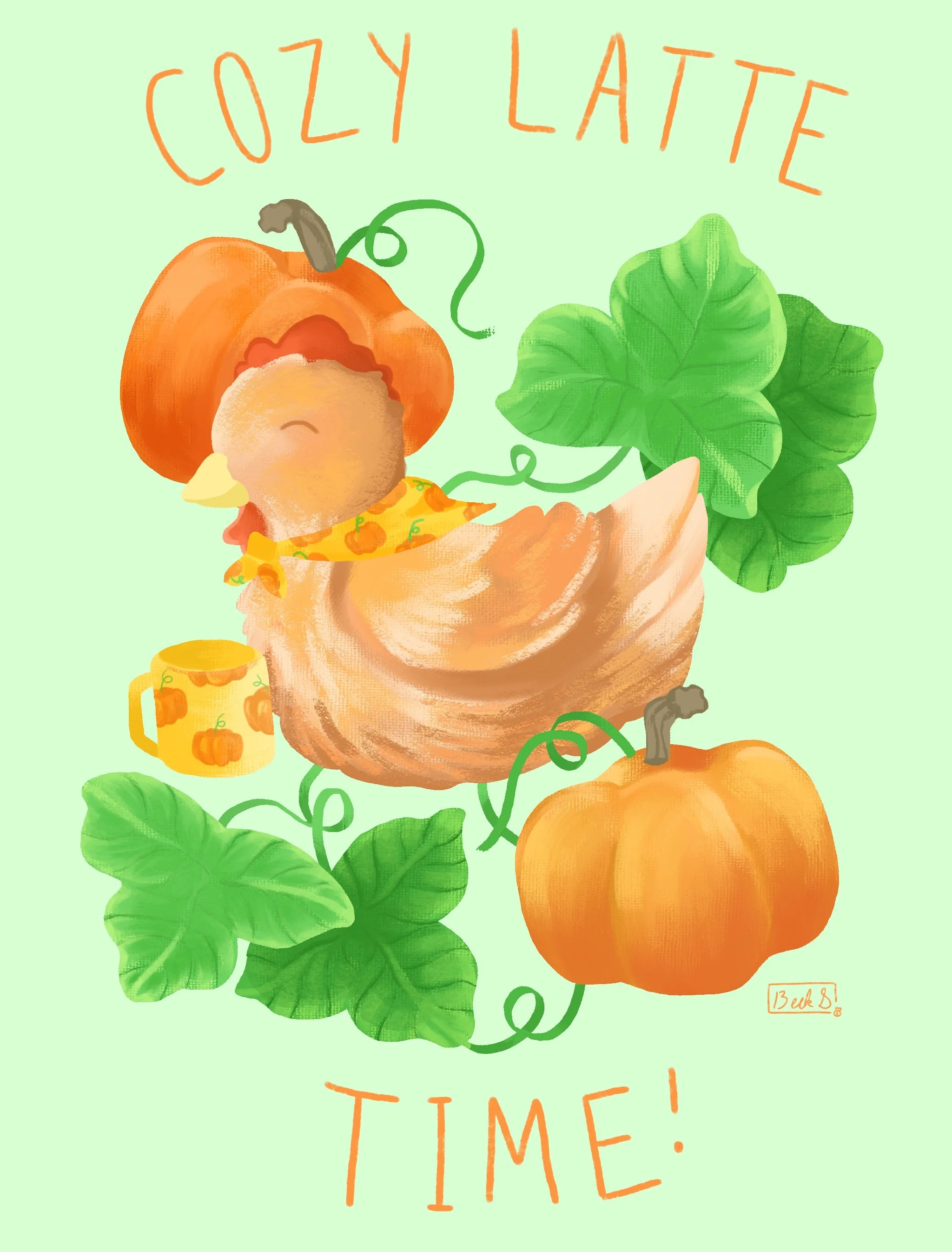 A colorful illustration featuring a pumpkin with a face, large green leaves, a small yellow mug with pumpkin design, and handwritten text saying "CozY LATE TIME!" in orange, on a light green background.