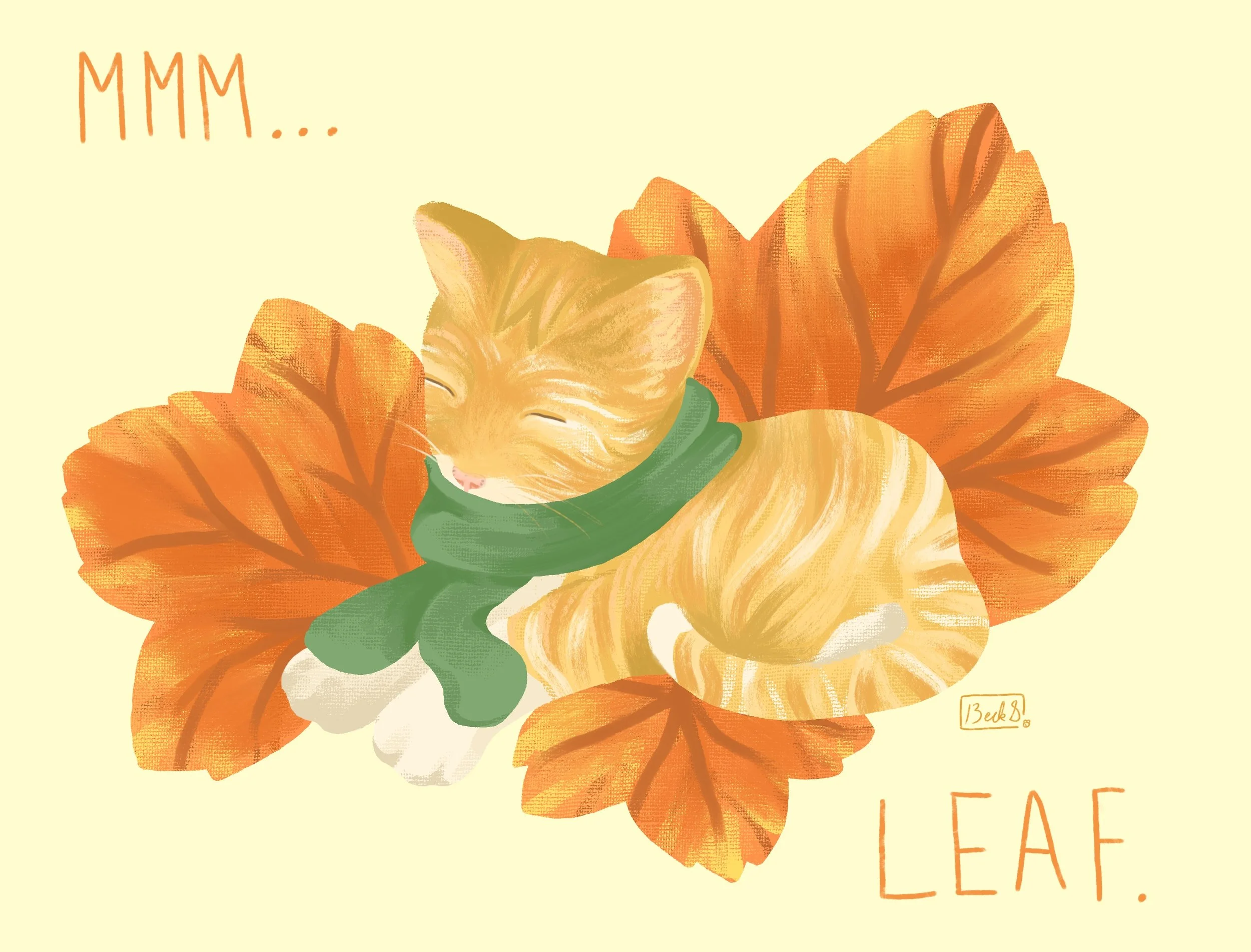 An artistic illustration of a sleeping cat nestled among orange flowers with green leaves. The background is light yellow with the words 'MMM...' written on the top left corner in orange text.