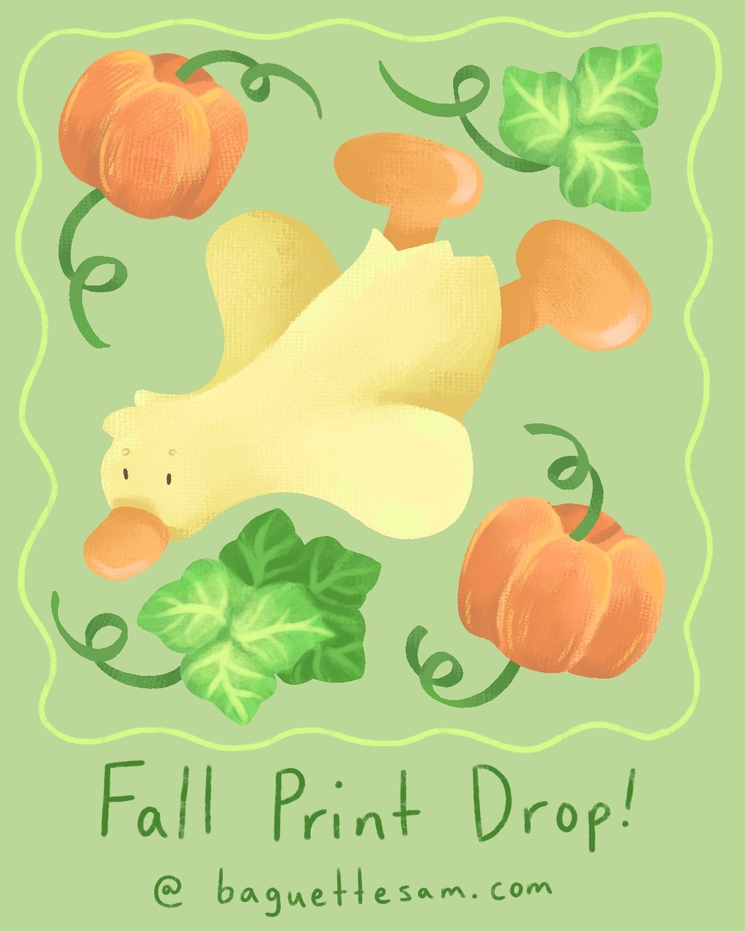 Illustration of a yellow dog with pumpkins and green leaves on a light green background, with the text "Fall Print Drop! @ baguettesam.com" at the bottom.