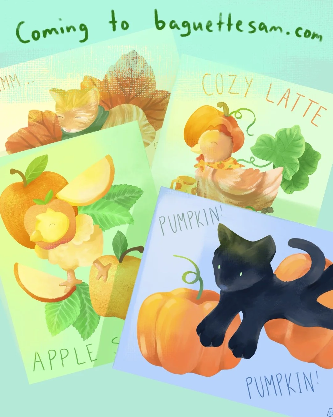 Colorful illustrated postcards featuring cats, pumpkins, and seasonal themes, with texts like "Coming to baguettesam.com," "Cozy Latte," "Pumpkin!" and "Apple."