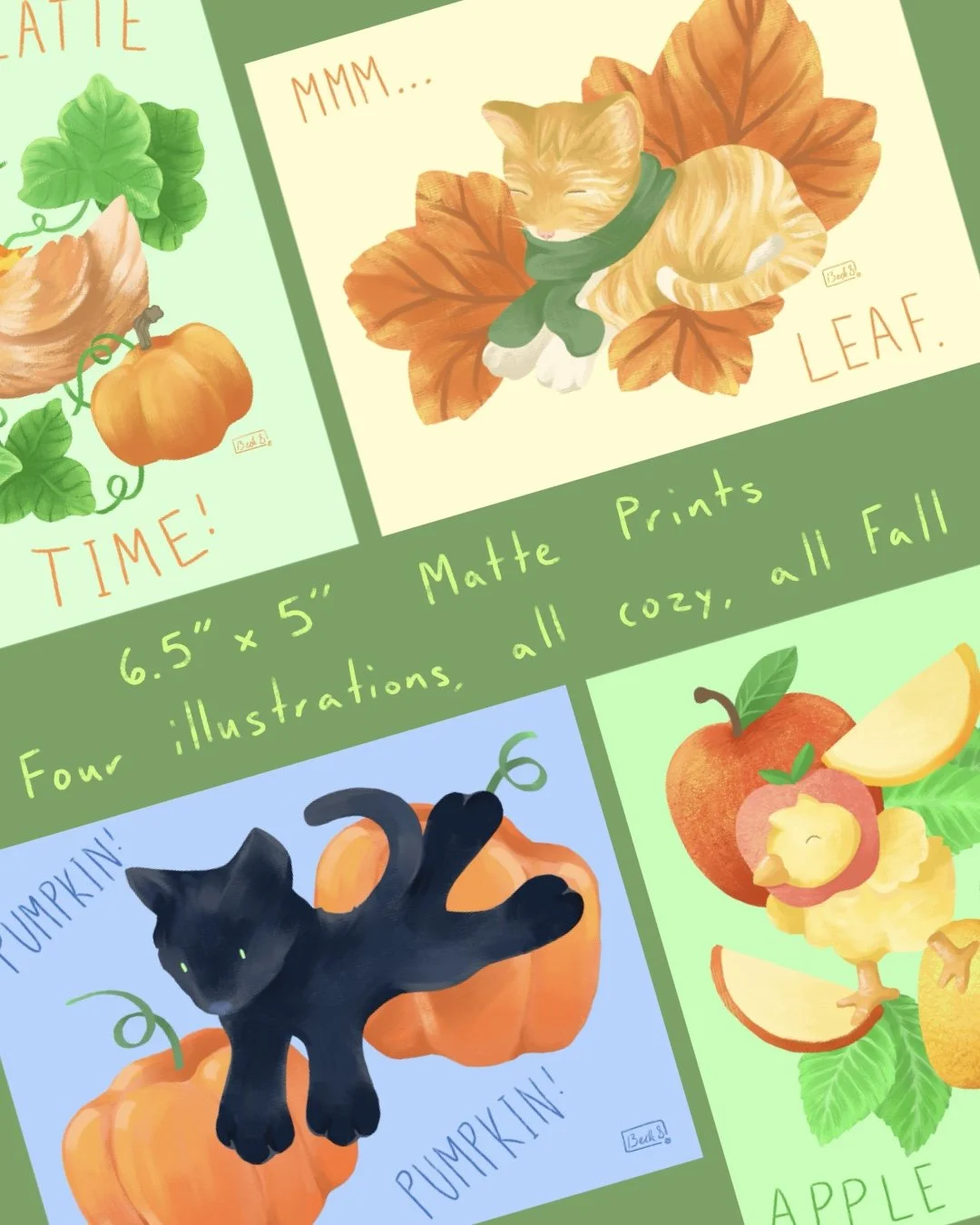 Four colorful autumn-themed illustrations: a pumpkin with green leaves and vine, a sleeping orange tabby cat with a green scarf lying on fall leaves, a black kitten playing with a pumpkin, and a collection of apples with leaves and sliced pieces.