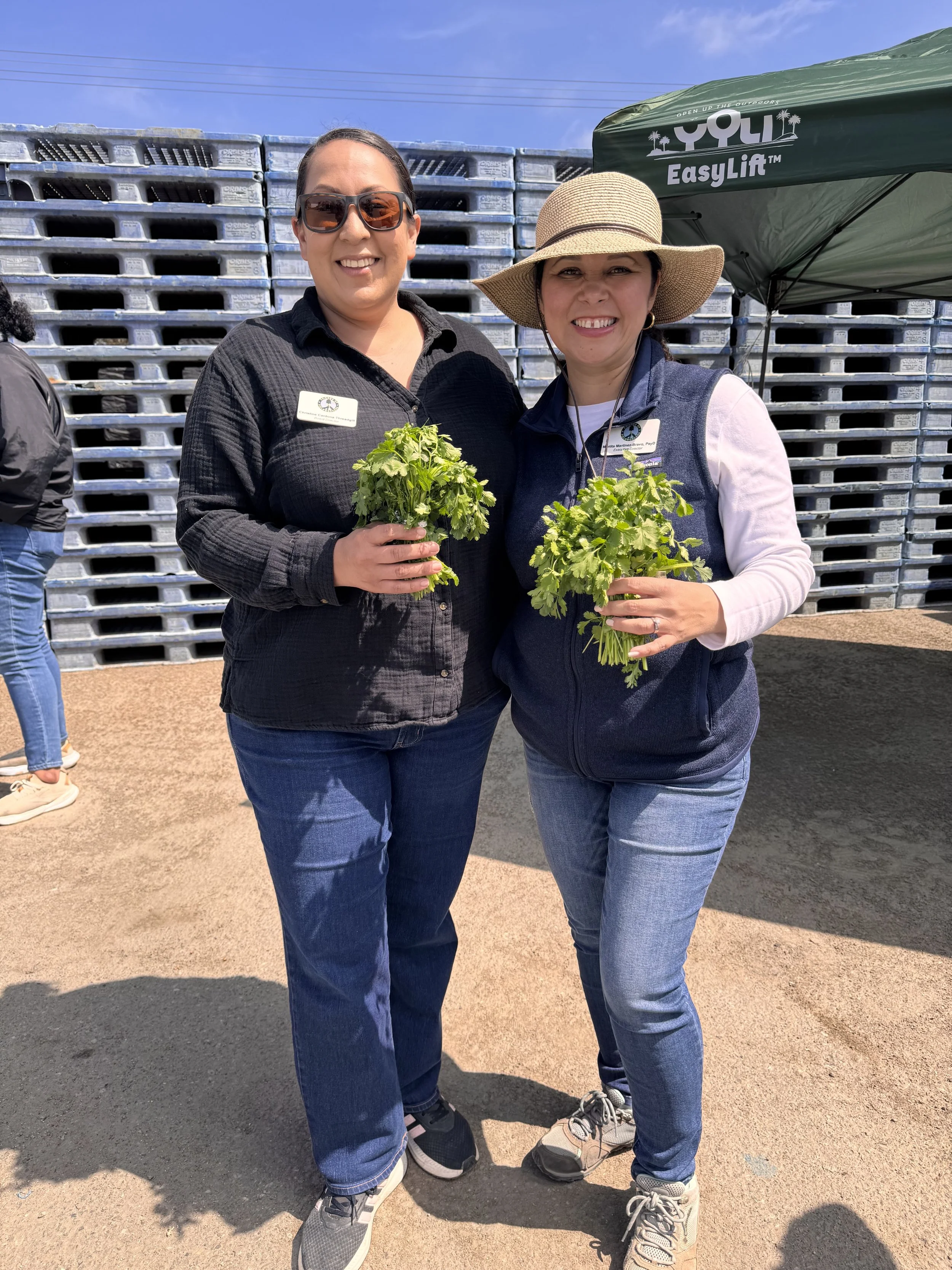Two smiling women holding bunches of parsley outdoors near a stack of plastic pallets and a green canopy with the text 'YOLI EasyLift' on it.