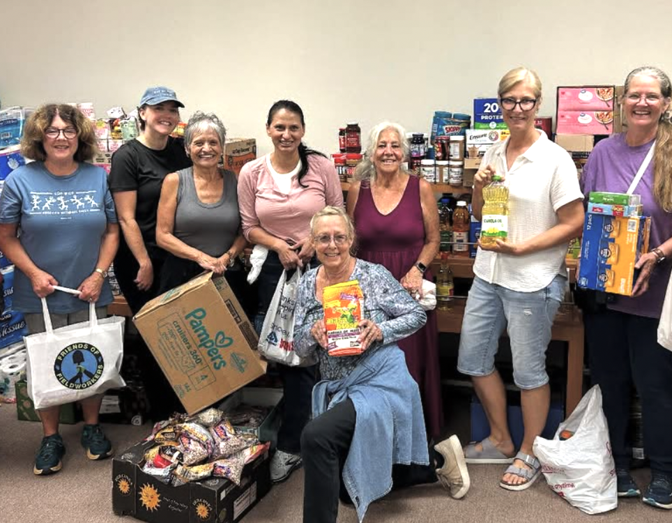 Group of women volunteering at a food bank, surrounded by shelves of canned and packaged food, holding food and donation bags.