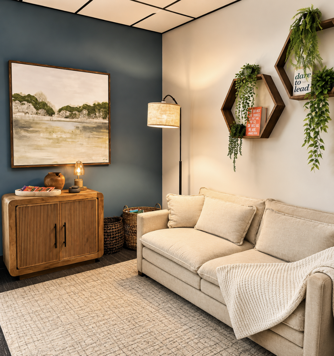 Intentional Therapy Allen Texas therapy office interior designed for comfort warmth and healing