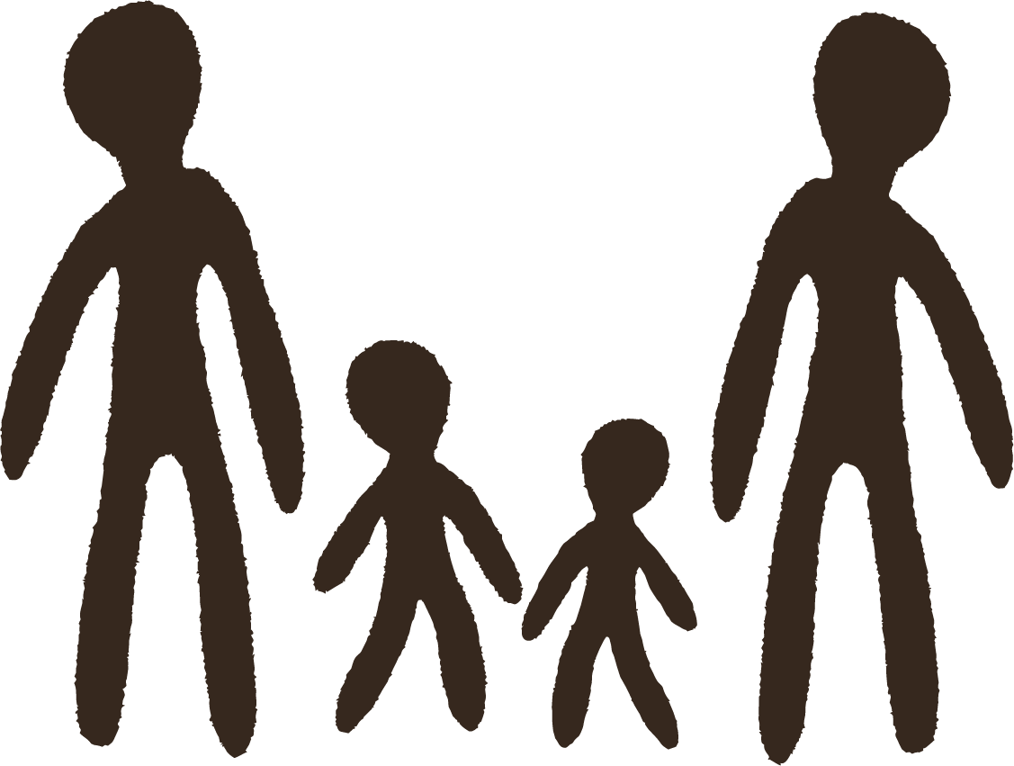 Drawing of a family with two large adults and two smaller children holding hands.