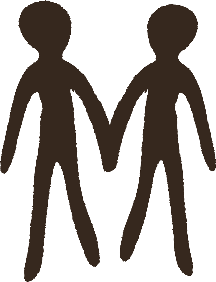 Silhouette of two human figures holding hands.