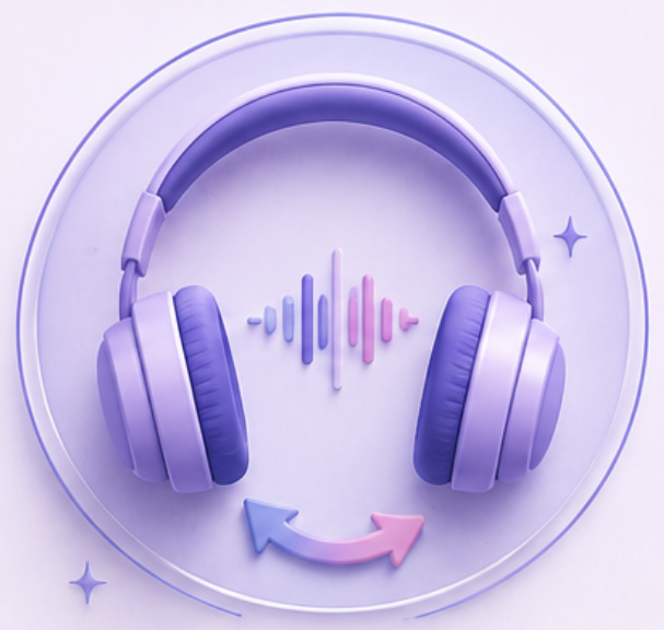 A pair of purple headphones with a sound wave graphic in the center, surrounded by pastel-colored arrows and star-shaped accents on a light purple background.