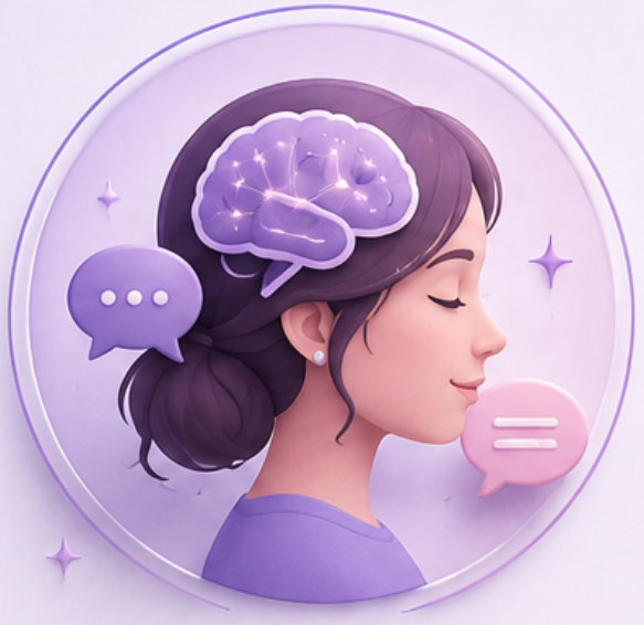 A digital illustration of a woman with purple hair, a brain with stars inside above her head, and speech bubbles around her, all in shades of purple and pink, representing thinking and communication.