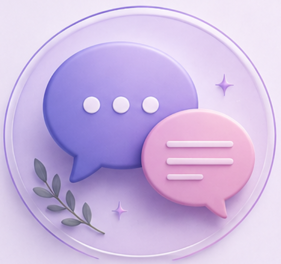 Decorative photo of two speech bubble icons, one purple with ellipsis and one pink with three lines, on a lavender background with small leaf and star accents.