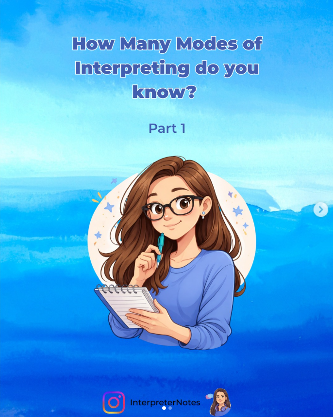 Cover of a book or guide titled 'How Many Modes of Interpreting do you know? Part 1,' featuring an illustrated woman with long brown hair, glasses, holding a pen and notepad. The background is blue with ocean waves and a starry circle behind her, and an Instagram handle '@InterpreterNotes' at the bottom.