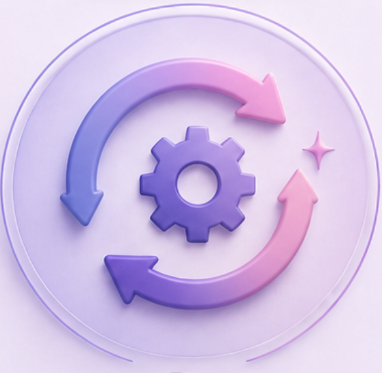 Pink and purple gear with two circular arrows around it and a small star on a transparent surface.